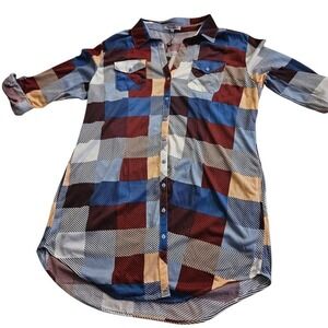 White Mark Plaid Tunic Button Up Shirt Top Chest Pocket Womens Multicolor SZ 1XL